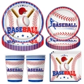 Baseball Party Geschirr Set mit roten und blauen Streifen und Schlagmann Silhouette - 4-teiliges Set (7-Zoll-Teller 10 + 9-Zoll-Teller 10 + Pappbecher 10 + Serviette 20)