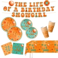 Orange and teal birthday party tableware set featuring disco ball and guitar motifs - 79-Piece Tableware 6-Item Set