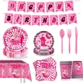 Pink cowgirl theme party supplies set with disco ball and cowboy hat patterns - Full Tableware (Banner Plates Cups Napkins Tablecloth Cutlery)
