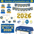 2026 graduation party decor set with navy blue balloons and gold hanging swirls - Blue Gold Graduation - Printed Tablecloth / 137x274cm