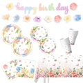 Set festa di compleanno con fiori acquerello, piatti a farfalla, bicchieri e striscione - Set Decorazione Stoviglie (Banner/Piatti/Bicchieri/Tovaglioli/Tovaglia)