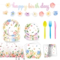Set festa di compleanno con fiori e farfalle acquerello con piatti e decorazioni - Set Festa Completo (Banner/Piatti/Bicchieri/Tovaglioli/Tovaglia/Posate)