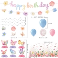 Deko-Set für Geburtstage mit Blumen und Schmetterlingen inkl. Banner und Ballons - Set 3 (Banner+Wirbel+Luftballons+Wabe+Tischdecke)