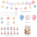 Deko-Set zum Geburtstag mit Blumen und Schmetterlingen, Bannern, Ballons und Tortenaufsätzen - Set 1 (Banner+Großer Topper+Kleiner Topper+Wirbel+Luftballons)