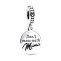 Polished silver charm pendant with heart patterns and Don't mess with Mama engraving - Engraved Disc (L25512-11)