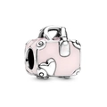 Pink enamel travel suitcase charm in silver finish for bead bracelets and jewelry - Pink Heart Suitcase Style
