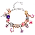 Pink and purple beaded Christmas bracelet with enamel butterfly and heart charms - Pink Purple Flower Butterfly Style (L1) / 16cm