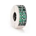 Silver bead charm with green zircon stones for DIY bracelets featuring a clip closure - Green Pave Round Bead Style (#3)