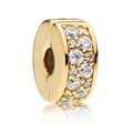 Gold stopper charm for bracelets featuring rows of sparkling clear cubic zirconia stones - Gold Zirconia Cylinder Style (#8)
