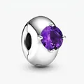 Silver bead charm with a large round purple gemstone and a 4mm open fixed clip - Purple Round Gem Silver Style (#16)