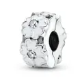 Silver bead charm with white enamel flower petals and a small central zircon crystal - White Enamel Cherry Blossom Silver Style (#22)