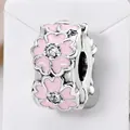 Silver clip charm with pink enamel cherry blossom and clear zircon for DIY bracelets - Pink Enamel Cherry Blossom Silver Style (#23)