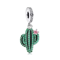 Silver cactus charm with green pavé crystals and a pink enamel flower for bracelets - Cactus (L25512-9)