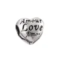 Vintage silver heart charm bead with Amour and Love engraving for DIY bracelets - Multilingual Love Heart Vintage Silver Style (#43)