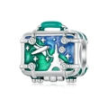 Silver suitcase charm with green enamel gradient and Eiffel Tower motif for bracelets - Travel Suitcase Style (L6)