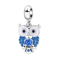 Silver owl charm with blue crystals and black stone eyes for DIY bracelets - Blue Rhinestone Owl (L14)