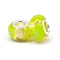 Vibrant lime green glass beads with gold leaf inlay and silver metal core for bracelets - Lemon Green Gold Foil Large Hole Bead (L19)