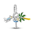 Silver travel charm with blue airplane cocktail and coconut tree on heart bail - Travel Theme Pendant (L30)