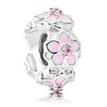 Silver bead charm with pink enamel magnolia flowers and sparkling cubic zirconia centers - Pink Hollow Floral (5)