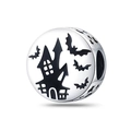 Halloween silver charm bead featuring a spooky haunted castle and flying bats silhouettes - H33 / Standard Spec