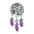 Detailed macro view of S925 silver tree of life charm with colorful stones and feathers - Hollow Tree of Life with Feathers (B-13)