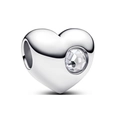 Polished silver heart charm with centered clear cubic zirconia for bead bracelets - Mirror Heart Center Crystal Charm (#31)