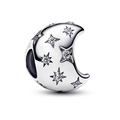 Silver crescent moon charm with star engravings and white cubic zirconia for DIY bracelets - Star And Moon Rhinestone Charm (#32)