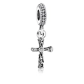 Vintage S925 silver cross charm with central zircon and retro hollow floral engraving - Engraved Rhinestone Cross (#3)