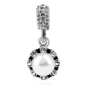 Silver flower pendant with white pearl and rhinestone bail for DIY charm bracelets - Pearl Petal Flower Dangle (#15)