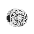 Silver-plated large hole charm bead with clear crystal stones and floral patterns - Vintage Floral Hollow Bead (#20)