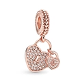 Charm double cadenas cœur or rose avec zircons pour bracelets de 3mm - Double Cadenas Cœur Or Rose (H-12)