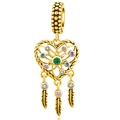 Goldener Herz-Traumfänger-Anhänger mit bunten Edelsteinen und drei Federanhängern - Gold Hohler Traumfänger Bunter Zirkonia Stil (Z-029)