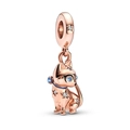 Pendentif chat porte-bonheur en or rose avec détails étoilés et cristaux bleus pour bracelet - Chat Étoilé Or Rose (H-16)
