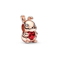 Perle de lapin en or rose avec pierre de coeur rouge et cristaux pour bracelets de 3mm - Lapin Tenant un Cœur Or Rose (H-51)