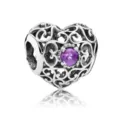 Silver hollow heart charm with purple zircon inlay and intricate floral vine carvings - Purple Gem Hollow Filigree Heart Bead (#41)