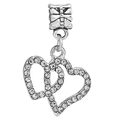 Polished silver double heart pendant with rhinestones and textured bail for DIY jewelry - White Zirconia Double Heart Pendant (#33)