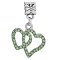 Silver interlocking heart charm with green rhinestones for DIY charm bracelets - Green Rhinestone Double Heart Pendant (#34)