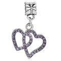 Antique silver double heart charm with purple rhinestones and butterfly bail detail - Purple Rhinestone Double Heart Pendant (#35)