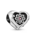 Silver hollow heart charm with pink floral stone for DIY beaded bracelets - Heart Hollow Pink Gem Bead (#25)