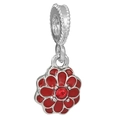 Blooming daisy flower charm pendant in silver with red enamel petals and center zircon - Red Daisy Style (042)