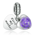 Pendentif cœur en argent avec rose en émail violet et gravure First my mother - Double Cœur First My Mother - Violet (#17)