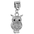 Classic silver owl charm pendant with sparkling crystals and black stone eyes - White Owl (015)