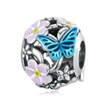 Silver hollow bead charm featuring blue enamel butterflies and purple flowers for DIY bracelets - 012