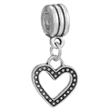 Silver hollow heart charm pendant with beaded edge detail for charm bracelets - Vintage Dotted Hollow Heart (#19)