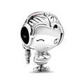 Antique silver cartoon girl charm with pink enamel headphones and detailed braiding - Headphone Girl Charm (#44)