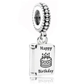 Silver Happy Birthday book charm for bracelets with cake engraving and beaded bail - Happy Birthday Cake Book (#46)