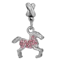 Silver horse charm with pink rhinestones and a twisted knot bail on a white background - Pink Horse (006) / Normal Specification