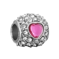 Silver bead charm with pink crystal heart and sparkling white pavé stones for DIY jewelry - Pink Heart Pave