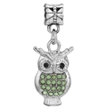 Silver owl pendant bead with green rhinestones and large hole for DIY jewelry - Light Green Owl (010) / Normal Specification