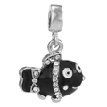 Silver bead charm featuring a cute black enamel fish with sparkling rhinestones - Black Enamel Rhinestone Fish Style / Normal Specification / 10